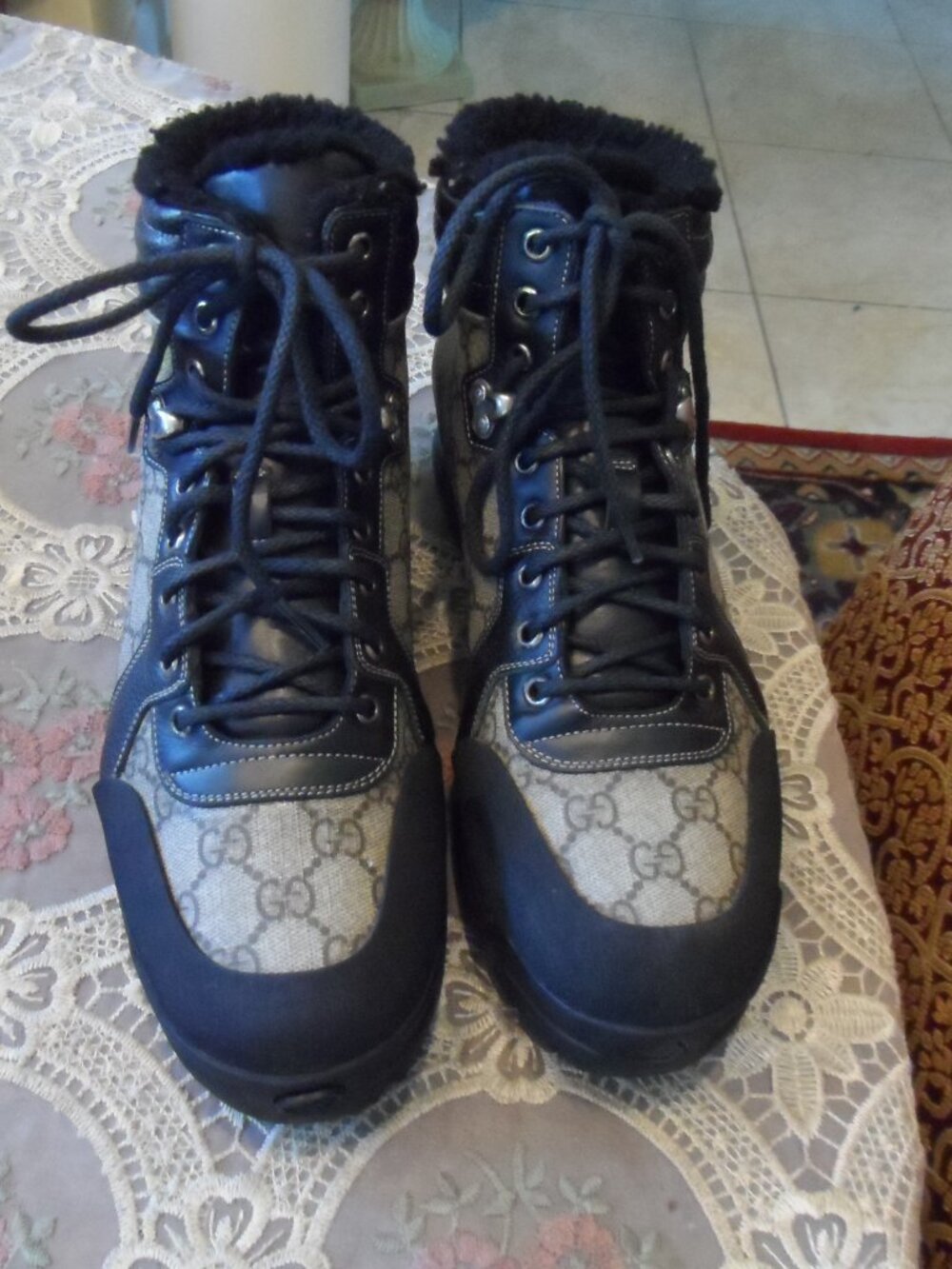 Gucci Beige & Black GG Supreme Canvas Hiking Boots Size 8.5